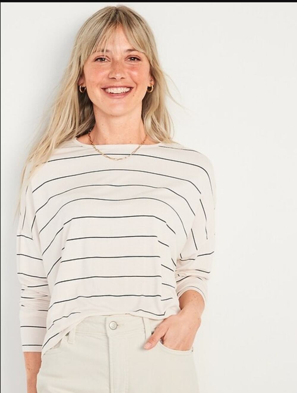 Old Navy Women's Long-Sleeve T-Shirt Size S Oversized Luxe Striped Cream NEW